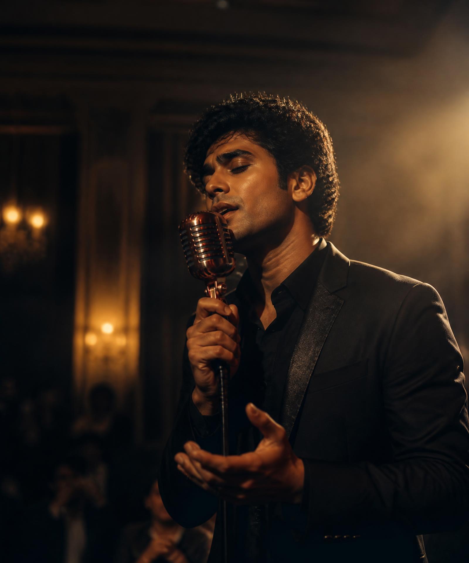 Aditya Kashyap singing into a vintage microphone under warm stage light